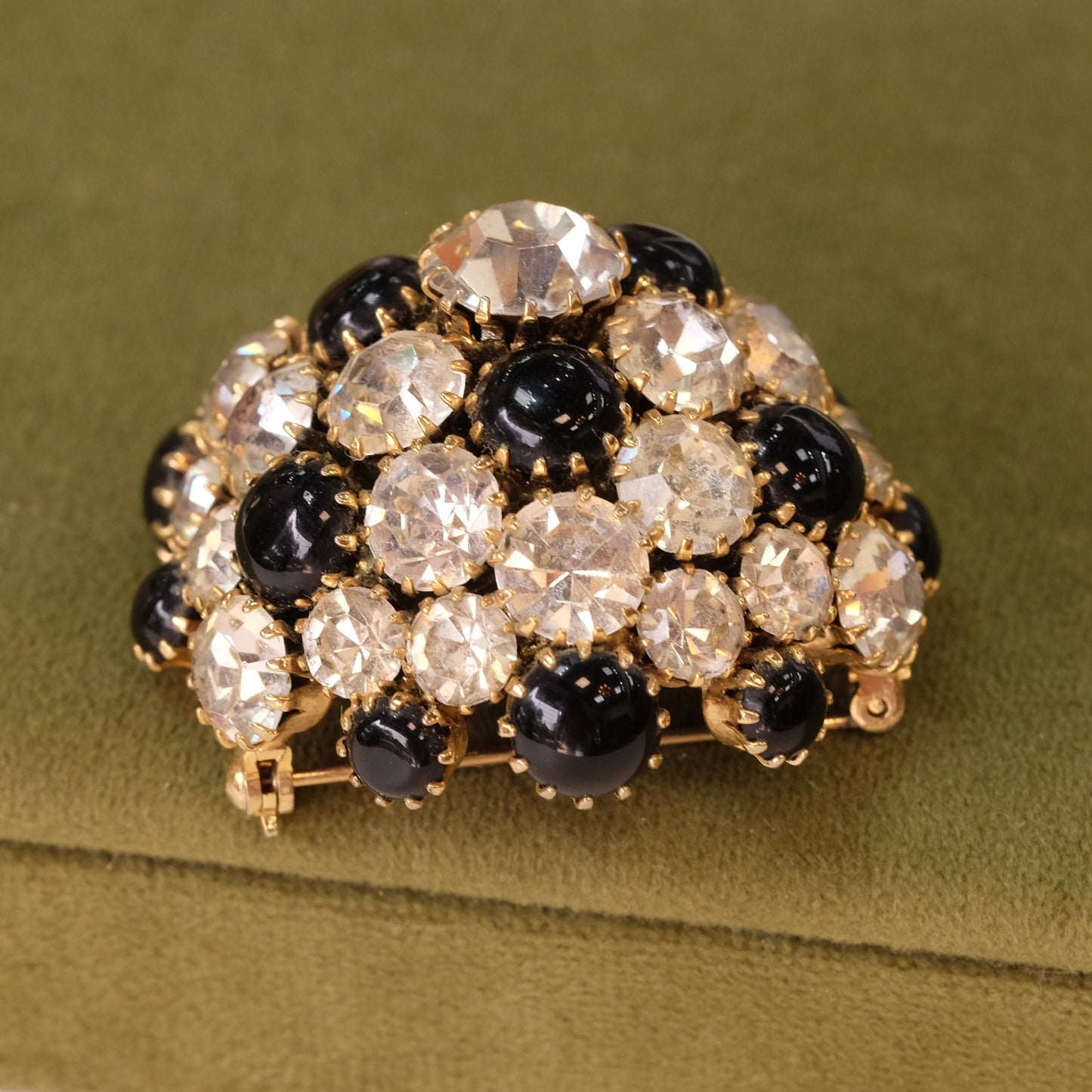 Vintage Dome Black and White Crystal Brooch 1960s