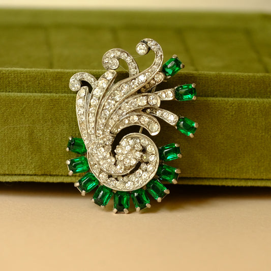 Vintage Sterling Green Rhinestones Brooch 1940s