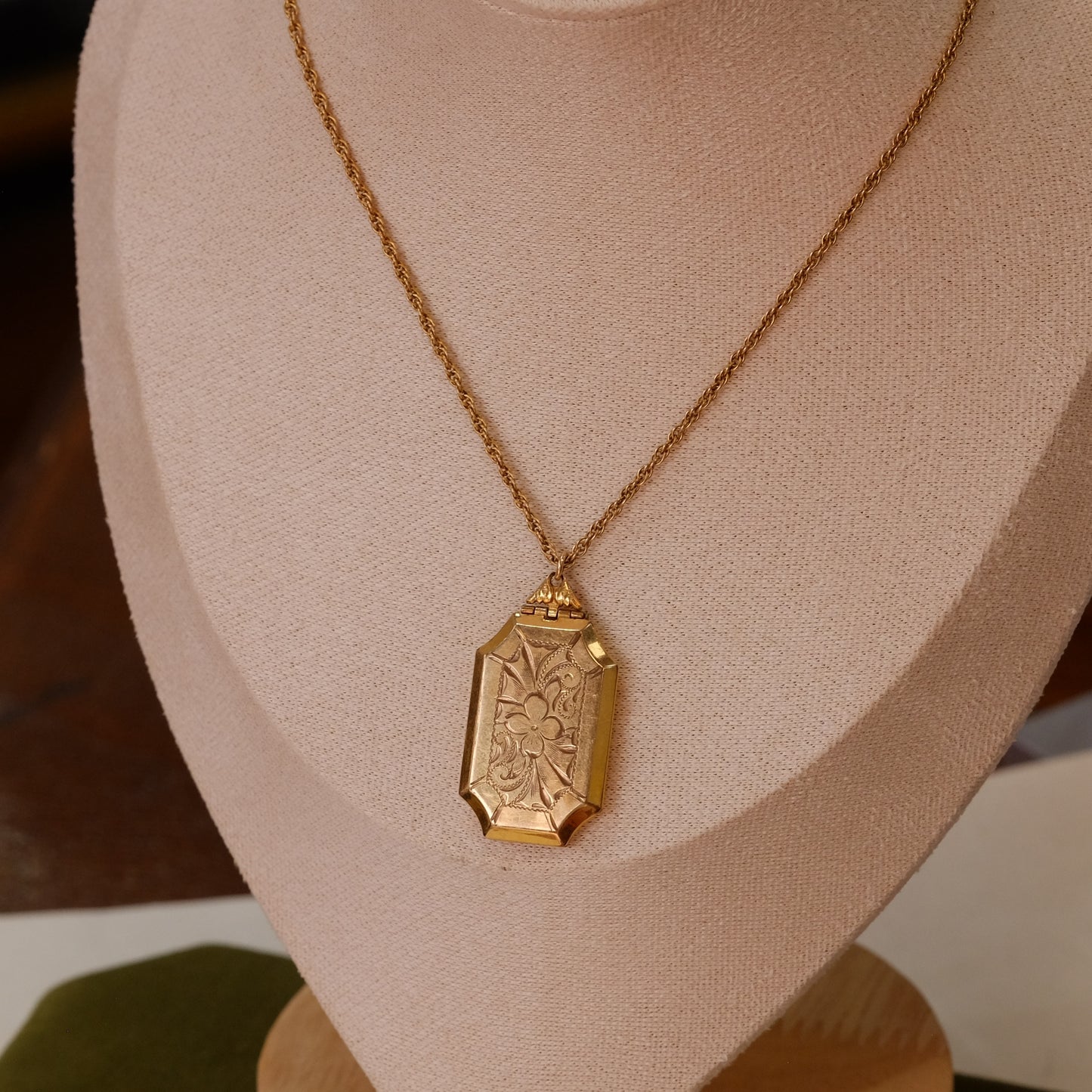 12K Locket Necklace Oblong Etching