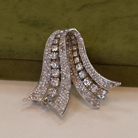 Trifari Pave Rhinestone Ribbon Brooch 1950s