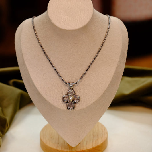 Konstantino Silver Cross with Pearl Necklace
