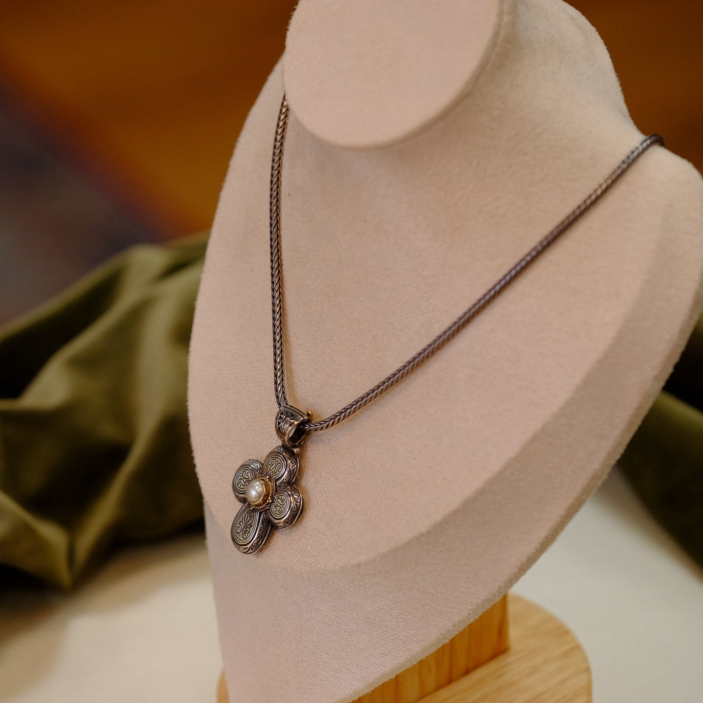 Konstantino Silver Cross with Pearl Necklace