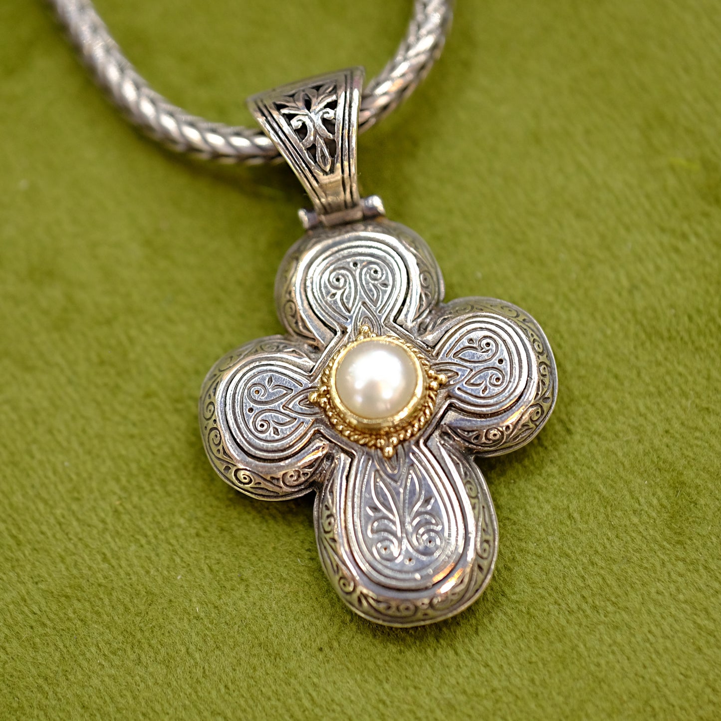 Konstantino Silver Cross with Pearl Necklace