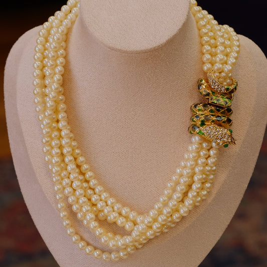 Designer Faux Pearl Snake Enamel Clasp Necklace 1980s