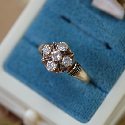 Victorian 14k Gold  5 Diamond Enamel Ring