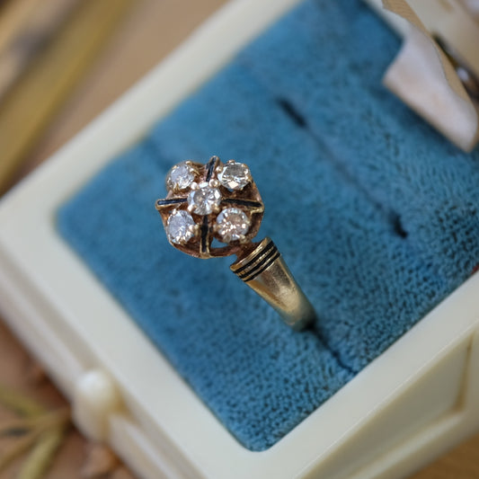 Victorian 14k Gold  5 Diamond Enamel Ring