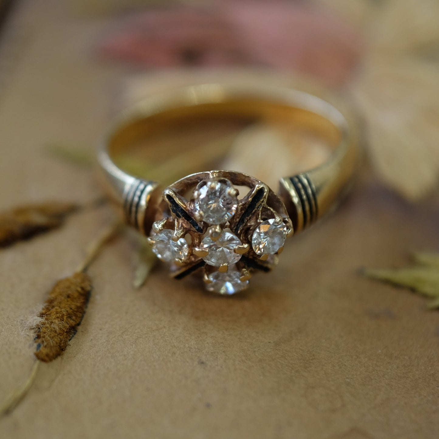 Victorian 14k Gold  5 Diamond Enamel Ring
