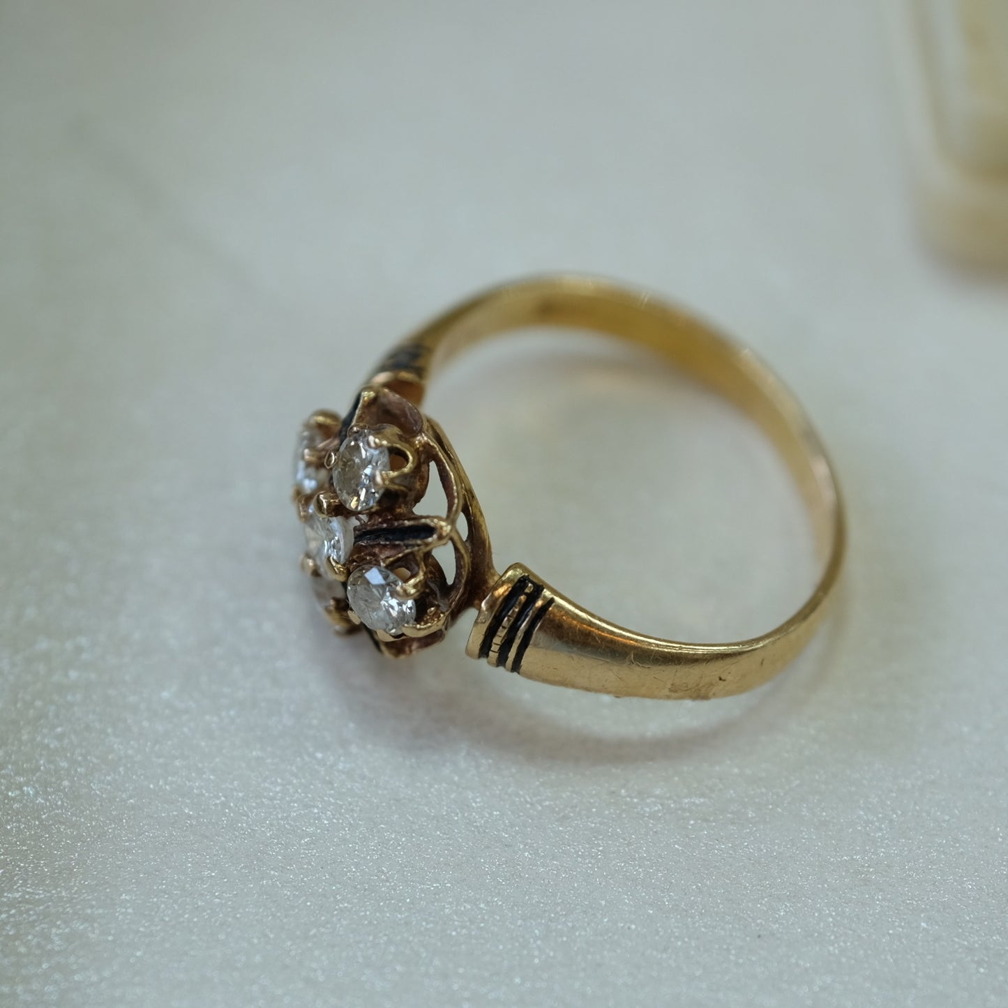 Victorian 14k Gold  5 Diamond Enamel Ring