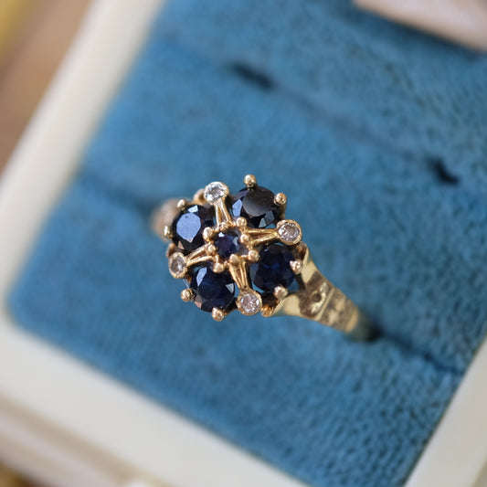 14K Gold Sapphire Diamond Cluster Ring