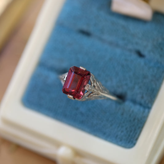 14K White Gold Filigree Tourmaline Ring