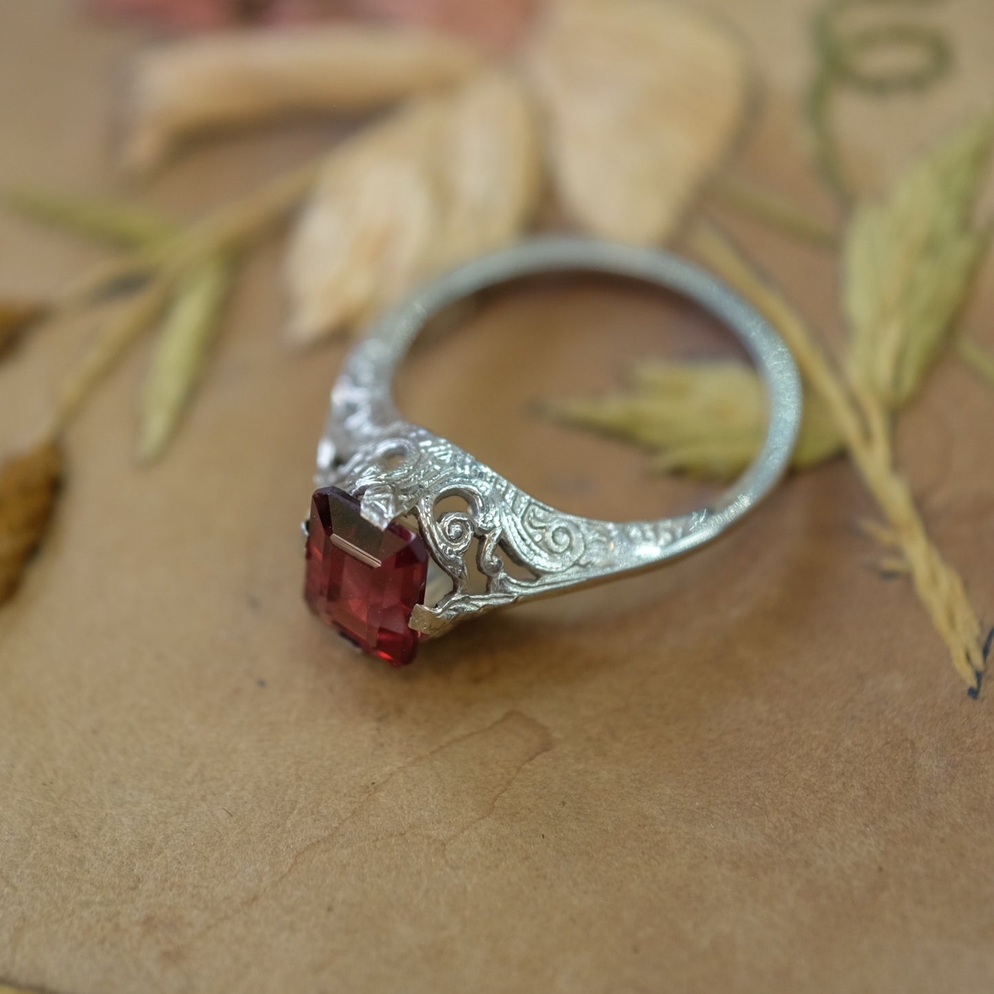 14K White Gold Filigree Tourmaline Ring