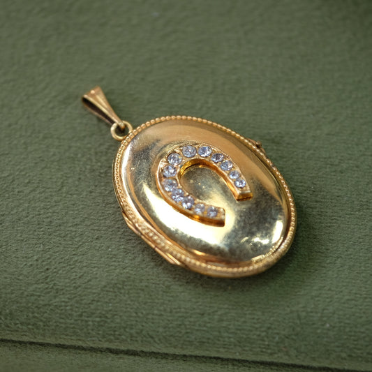 Gold Filled Oval Horseshoe Rhinestone Locket