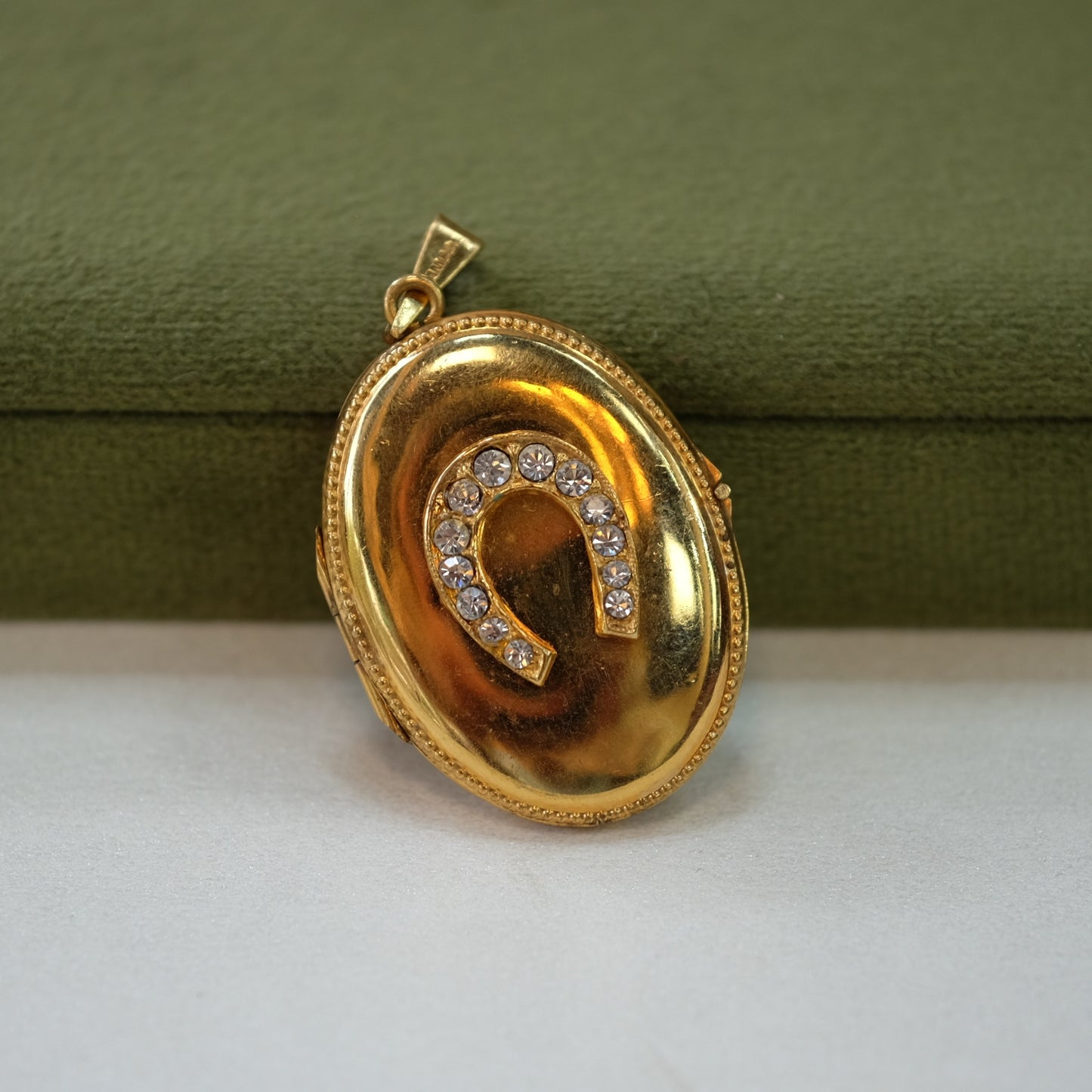 Gold Filled Oval Horseshoe Rhinestone Locket