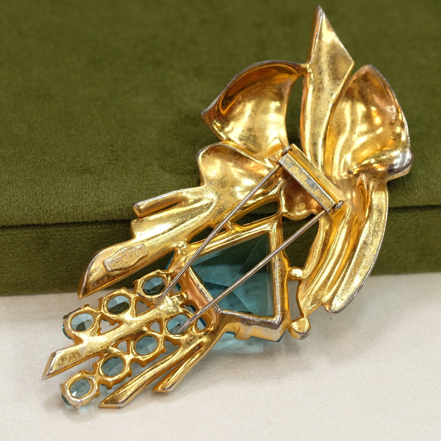 Collectible Leo Glass Dress Clip with Aqua Glass 1940s