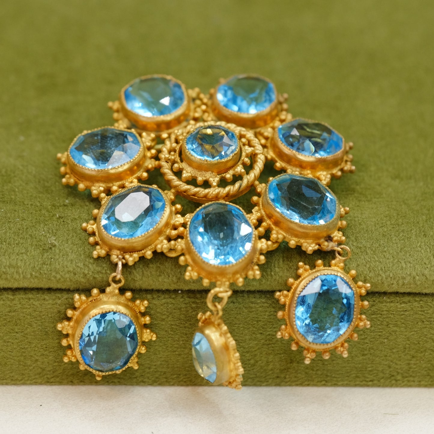 Collectible Leo Glass Blue Dangle Brooch 1940s