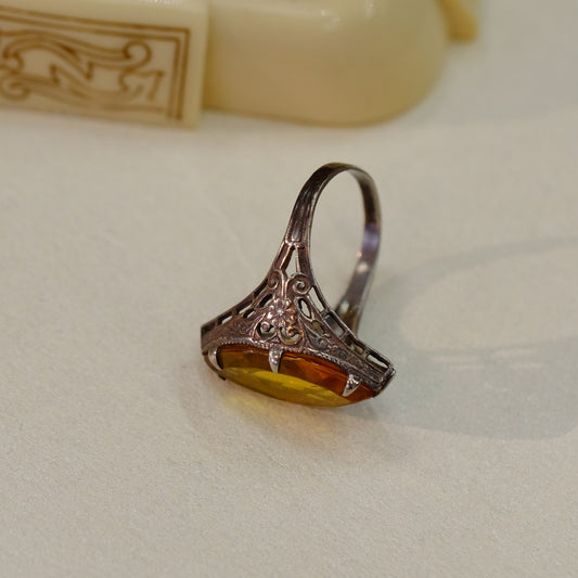 Sterling Art Deco Filigree Ring with Topaz