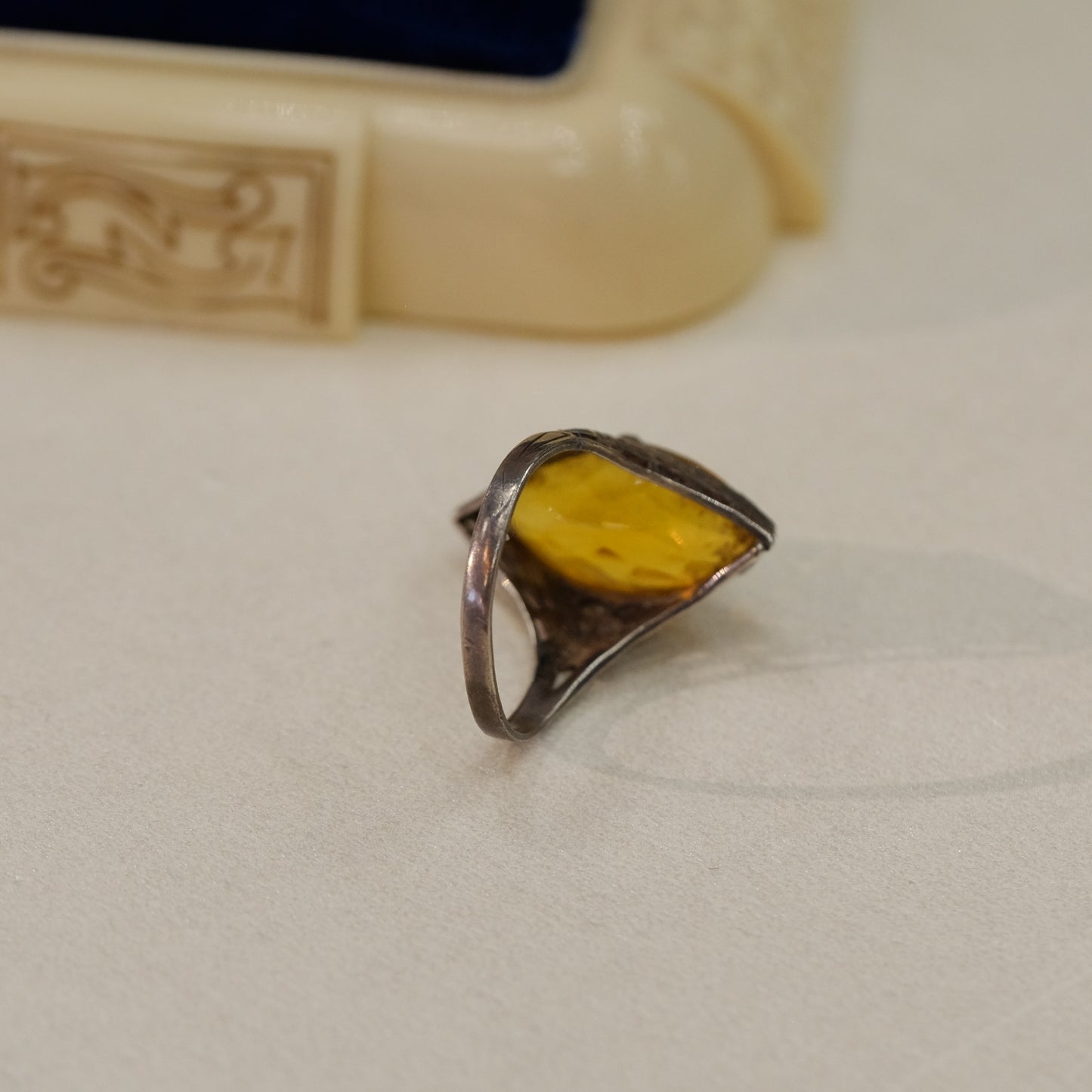 Sterling Art Deco Filigree Ring with Topaz