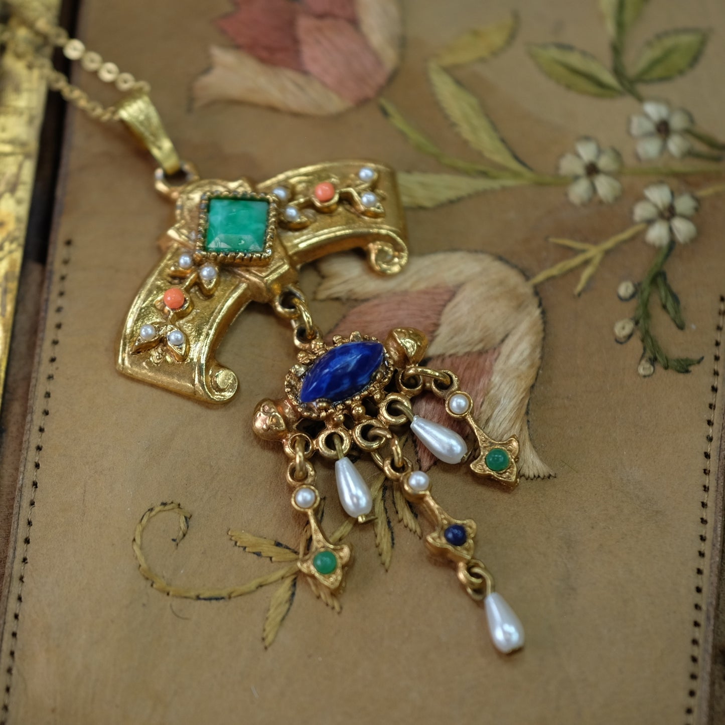 ART Gold tone Necklace Ornate Pendant 1970s