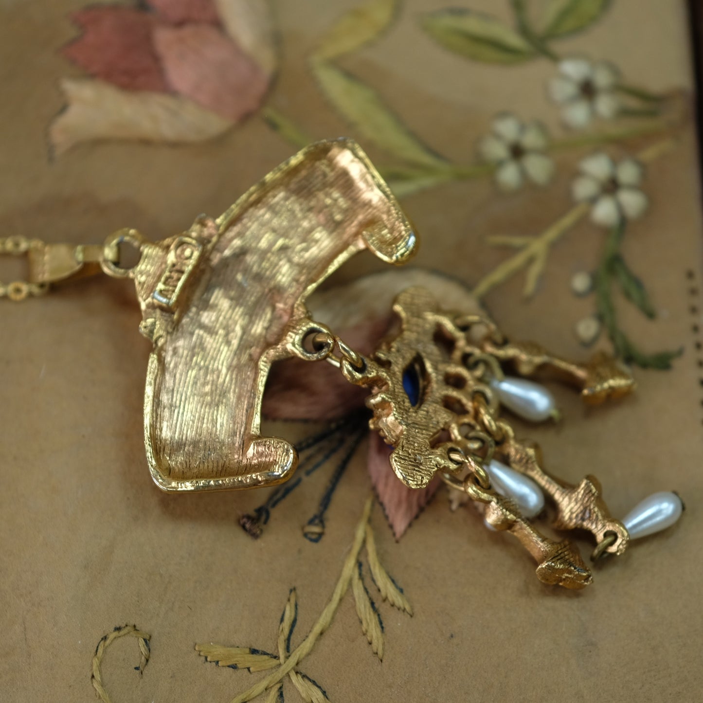 ART Gold tone Necklace Ornate Pendant 1970s