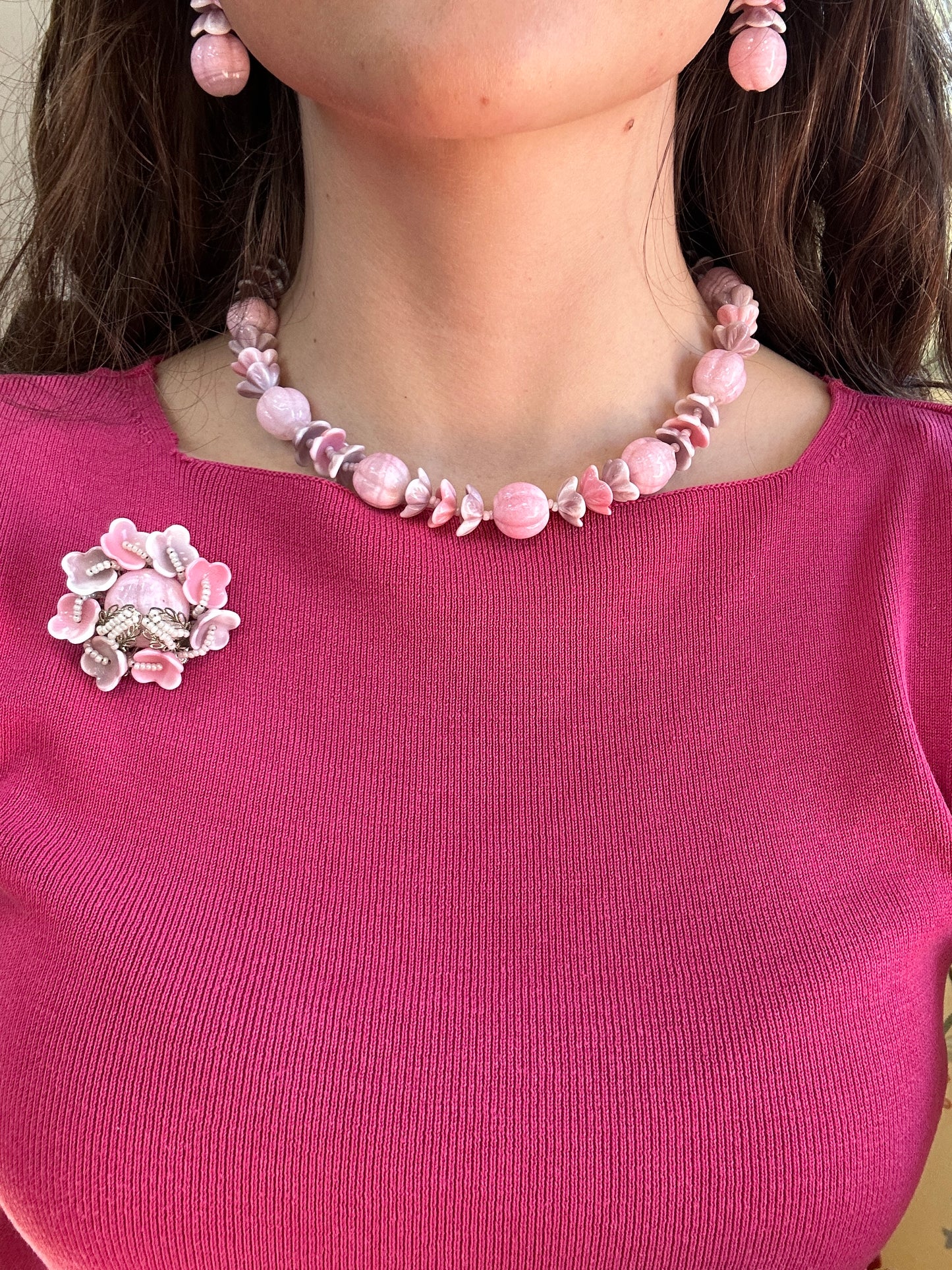 Miriam Haskell Pink Glass 3pc Set 1950s