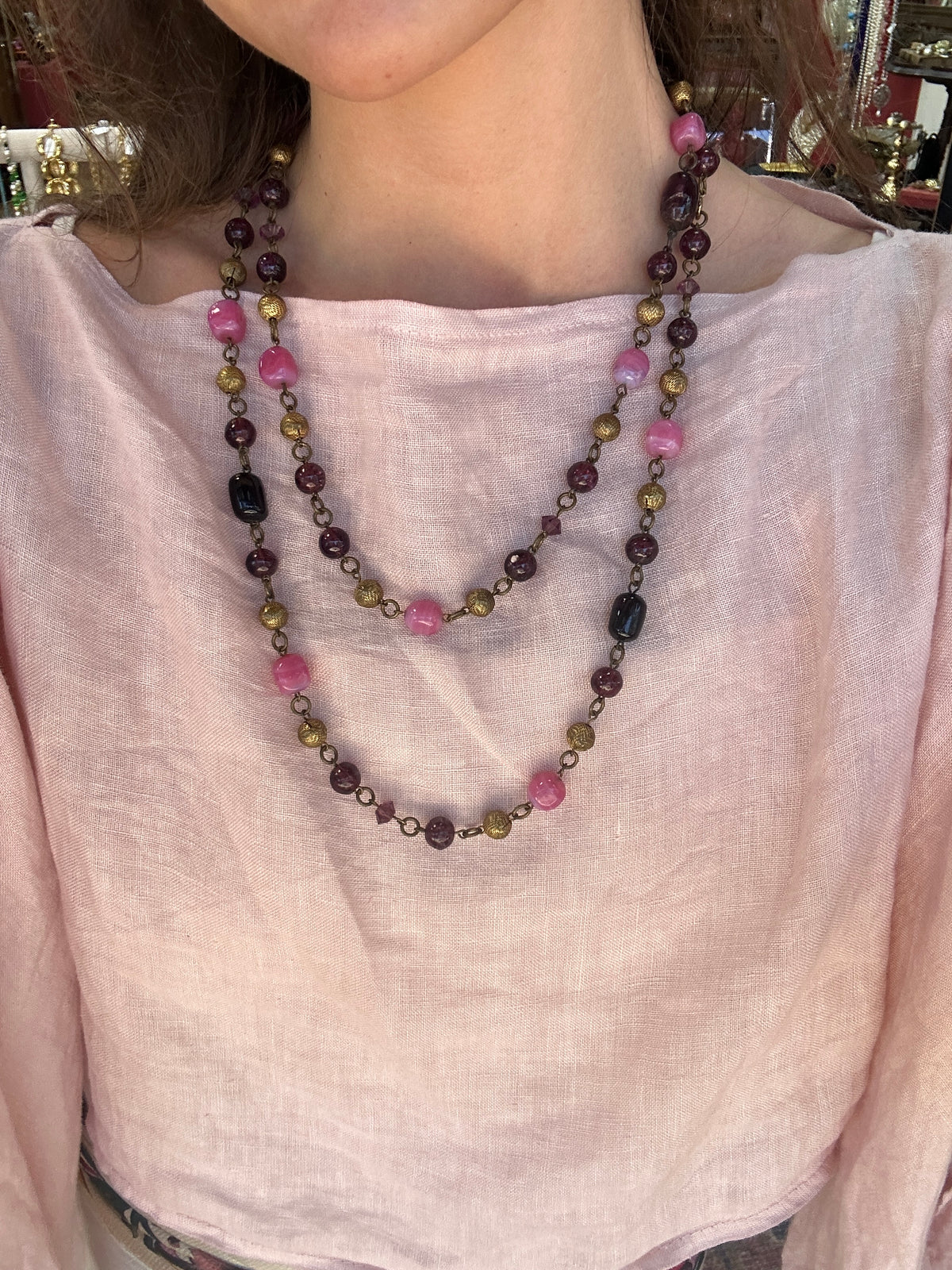 Vintage Glass Beads Long Sotuar Necklace