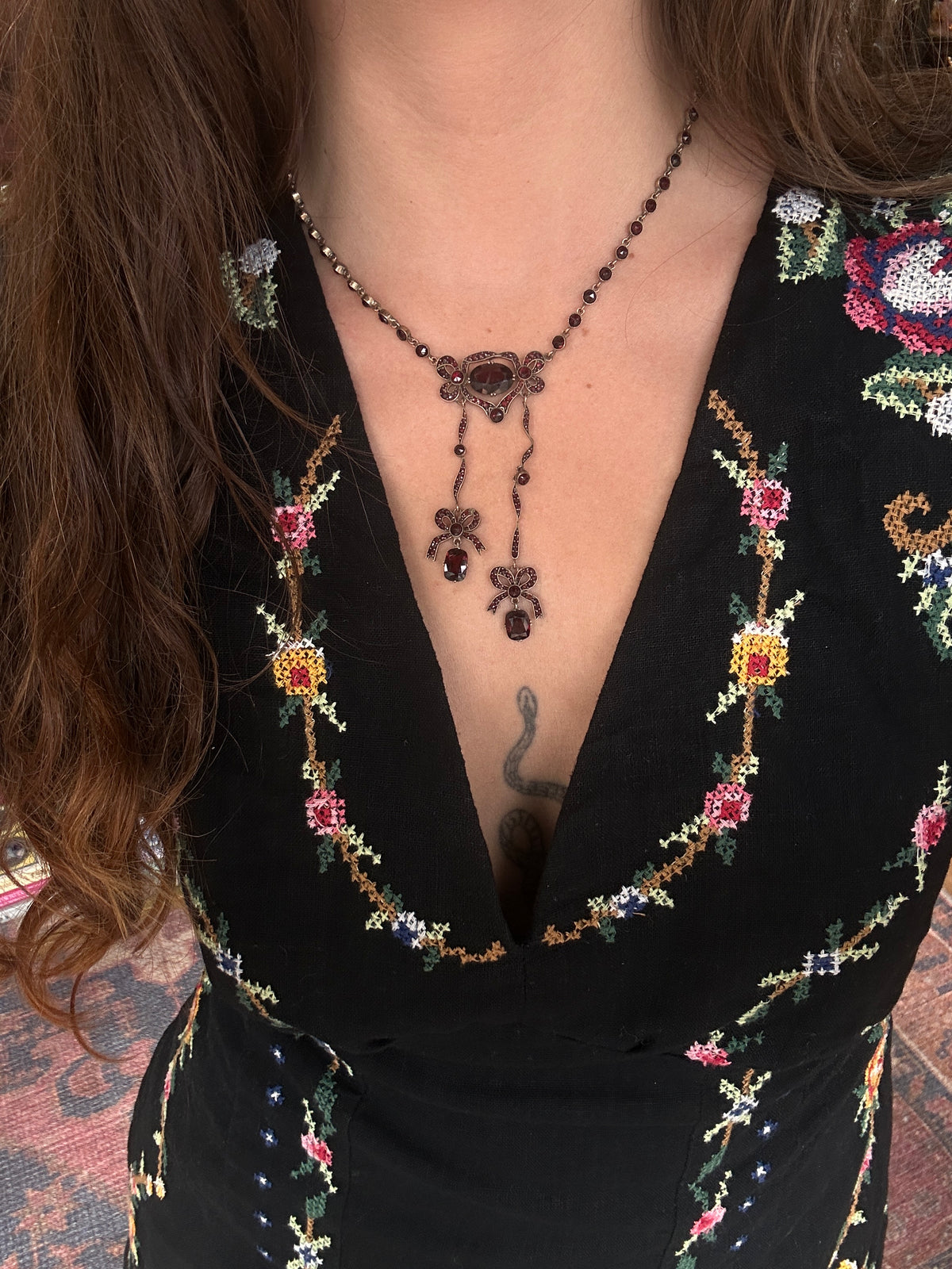 Victorian Garnet Bow Necklace Bezel Set