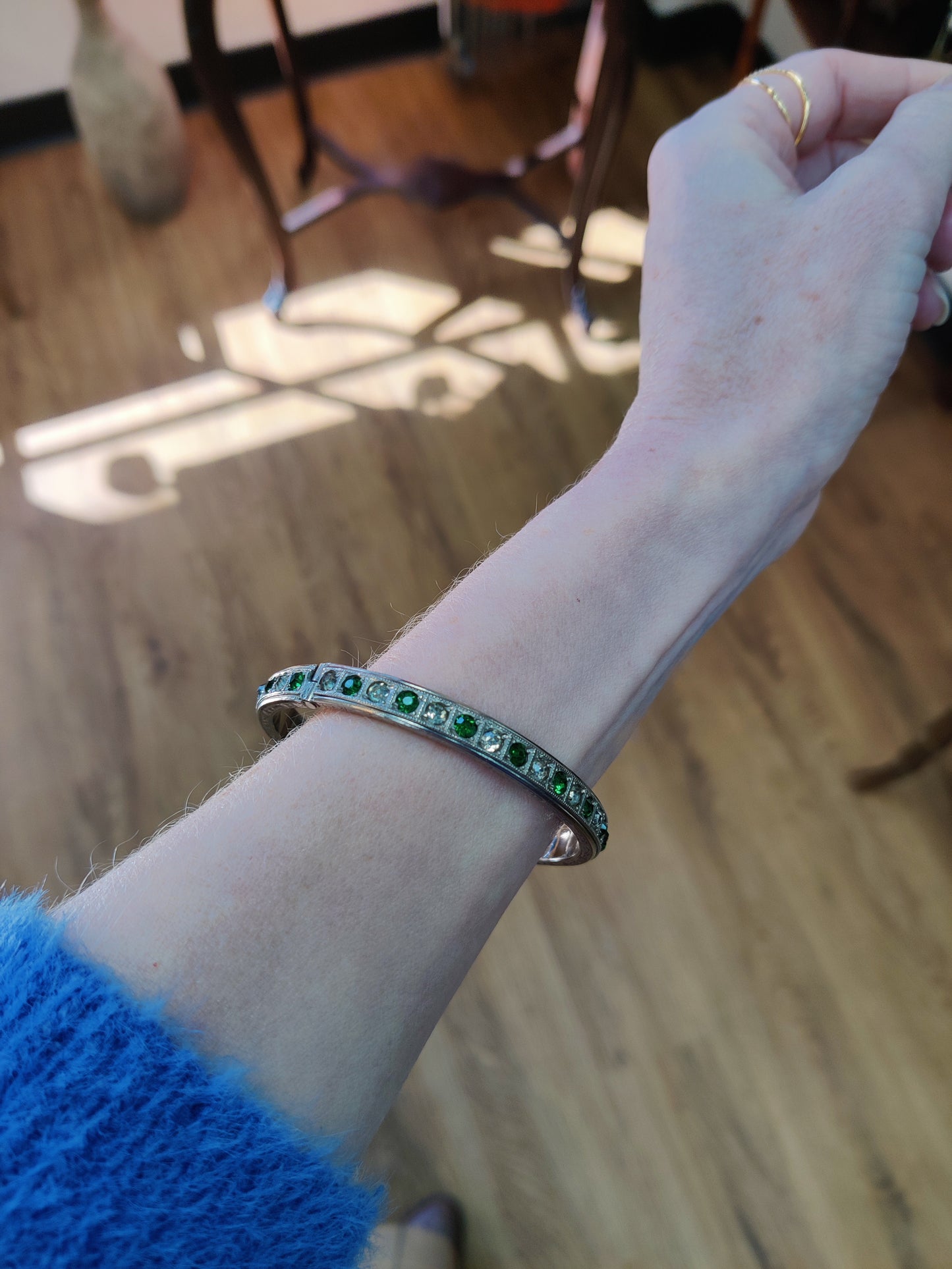 Art Deco Silvertone Green and Clear Paste Bracelet