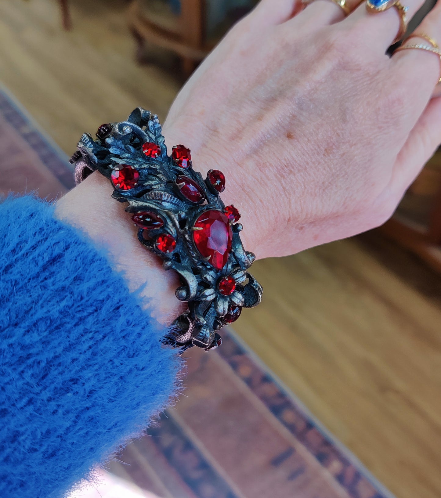 Vintage Cuff Bracelet with Red Glass 1950s