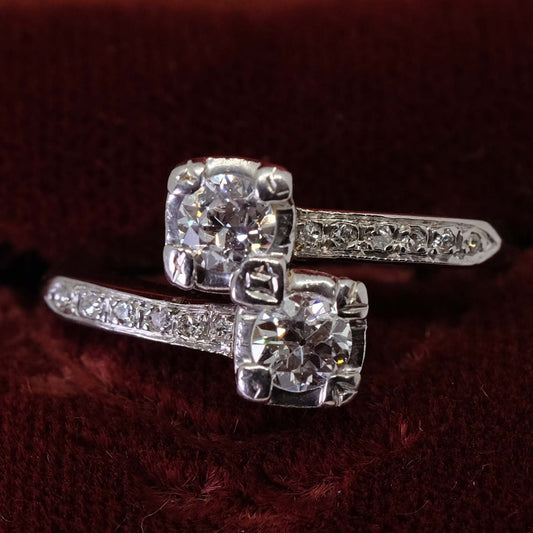 Vintage Double Diamond  Ring 14K White Gold