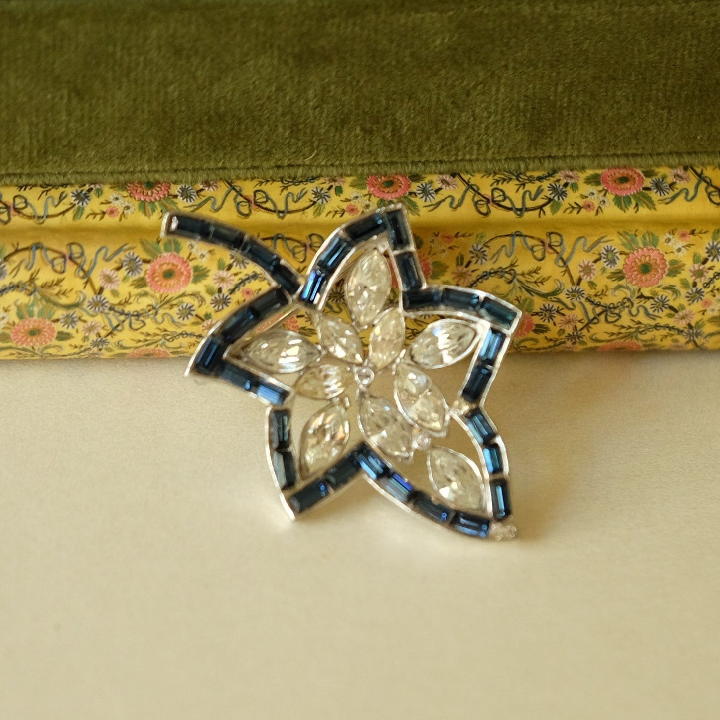 Vintage Blue Baguette and Rhinestones Leaf Pin