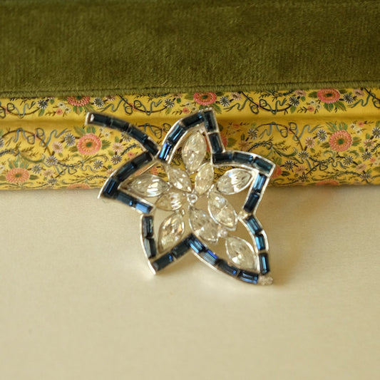 Vintage Blue Baguette and Rhinestones Leaf Pin