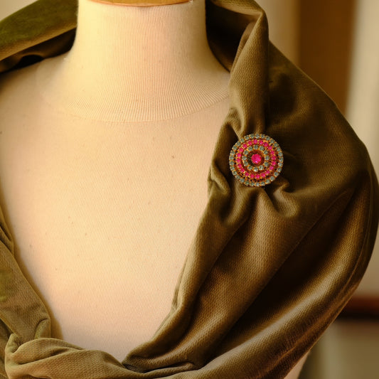 Vintage French Round Pink and Blue Brooch with Trombone Clasp 1950s