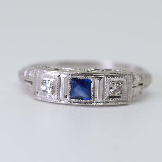 Vintage Filigree Diamond Sapphire Ring 14K Gold