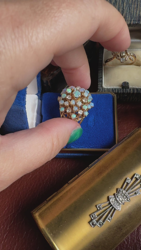 Vintage Starburst Opal and Diamond 14k Yellow Gold Ring